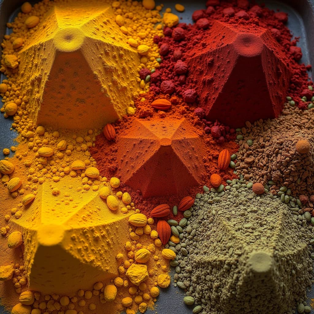 spice market display from above, turmeric gold, paprika red,